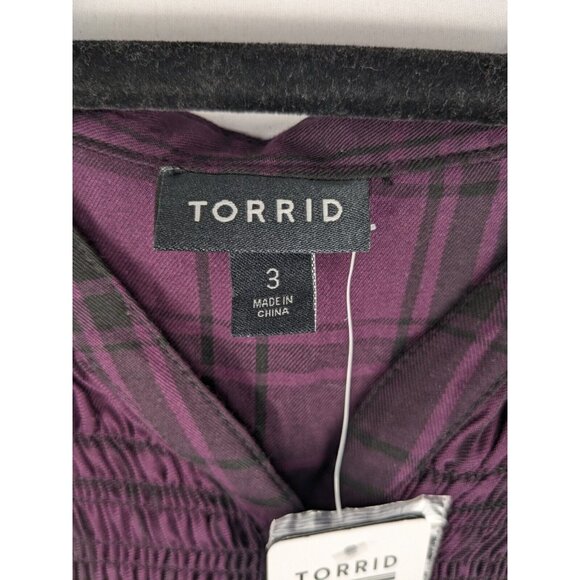 NEW Torrid Tunic Size 3 Purple/Black Plaid Rayon Twill Smocked Button-Front Top - Picture 3 of 9